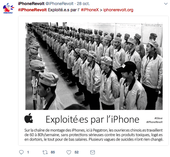 Exemple de tweet relayant les informations du collectif faisant campagne contre les iPhone, partagé sur Twitter