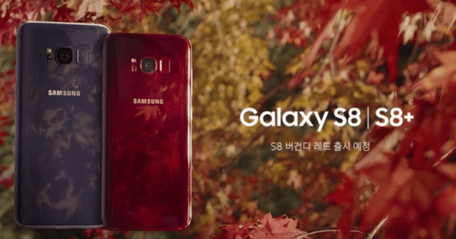 Le Samsung S8 en rouge foncé parmi les couleurs d'automne, particulièrement esthétique.