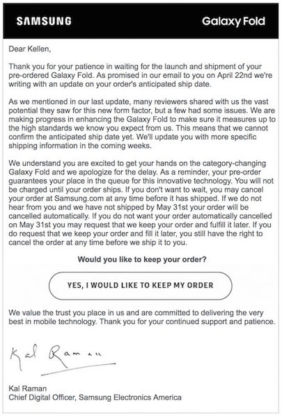 Mail envoyé par Samsung pour le Galaxy Fold